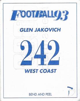 1993 Select AFL Stickers #242 Glen Jakovich Back